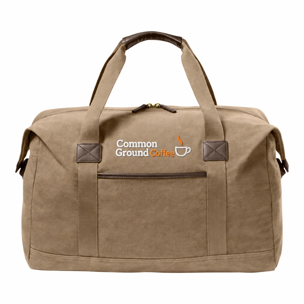 Custom Port Authority Washed Canvas Duffel (BG8030) in Woodland Brown, flat-lay view with a custom embroidered logo.