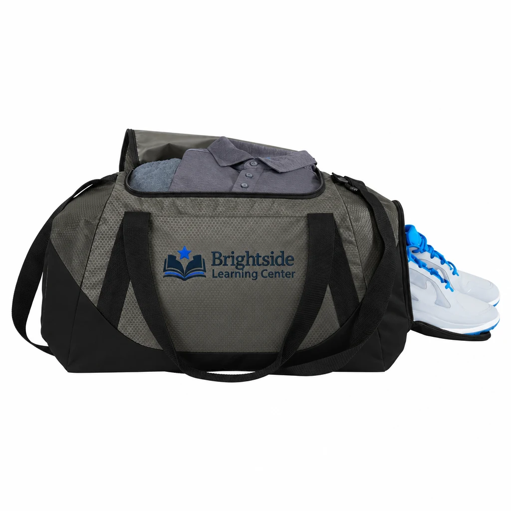 Custom Port Authority Team Duffel (BG804) in Grey/ Black, flat-lay view with a custom embroidered logo.