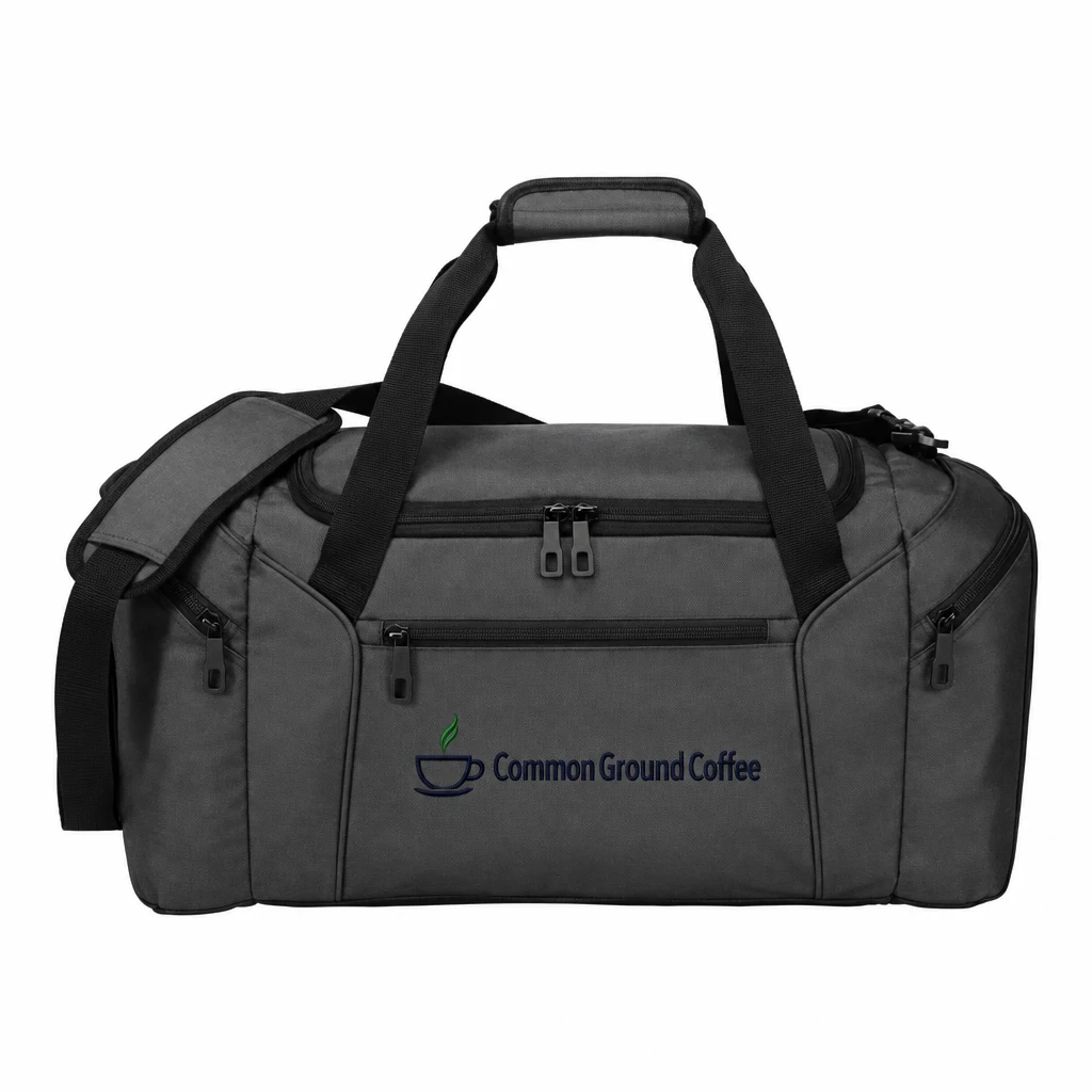 Custom Port Authority Form Duffel (BG805) in Dark Grey, flat-lay view with a custom embroidered logo.