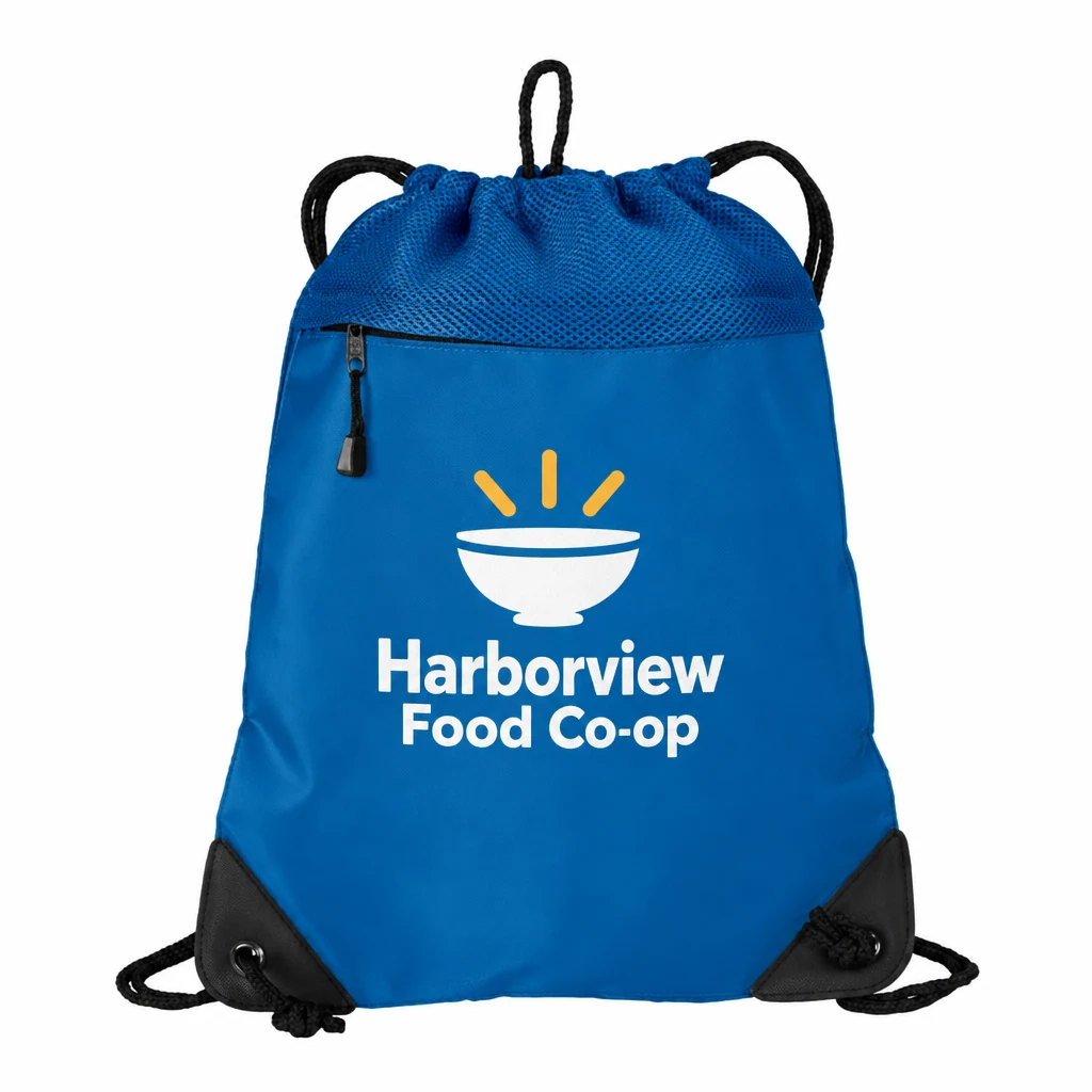 Custom Port Authority - Cinch Pack with Mesh Trim (BG810) in Snorkel Blue, flat-lay view with a custom printed logo.