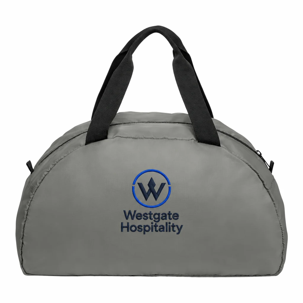Custom Port Authority Mini Ripstop Dome Duffel (BG819) in Gusty Grey, flat-lay view with a custom embroidered logo.