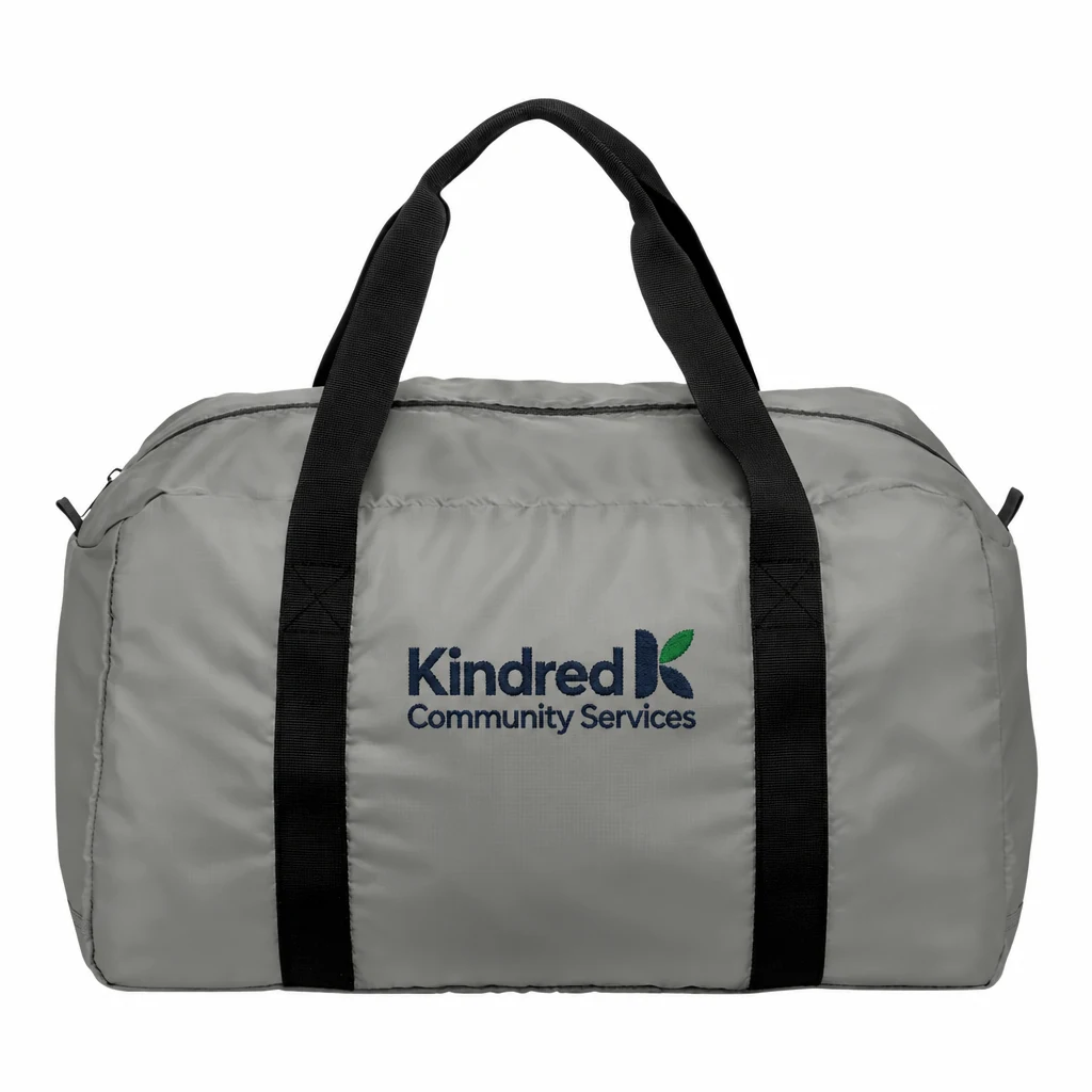 Custom Port Authority Mini Ripstop Travel Duffel (BG820) in Gusty Grey, flat-lay view with a custom embroidered logo.