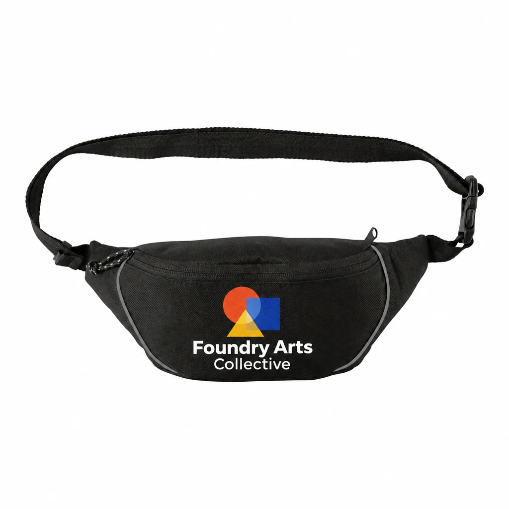 Custom Port Authority Hip Pack (BG905) in Black, flat-lay view with a custom printed logo.