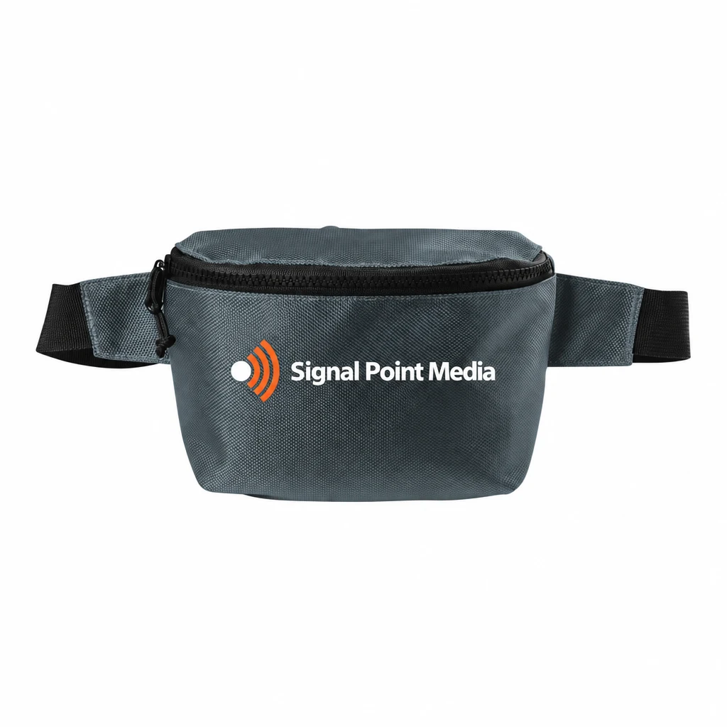 Custom Port Authority Ultimate Hip Pack (BG910) in Dark Slate, flat-lay view with a custom printed logo.