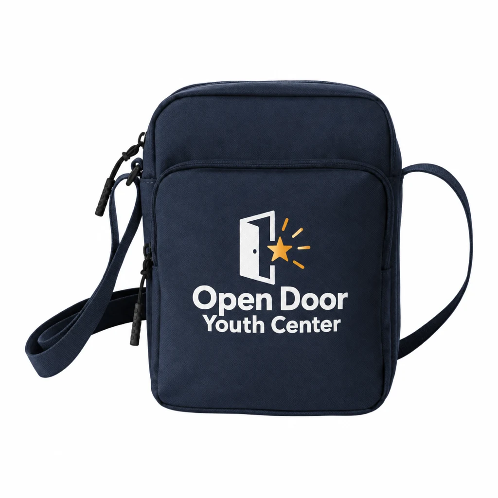 Custom Port Authority Upright Crossbody Bag (BG918) in River Blue Navy, flat-lay view with a custom printed logo.
