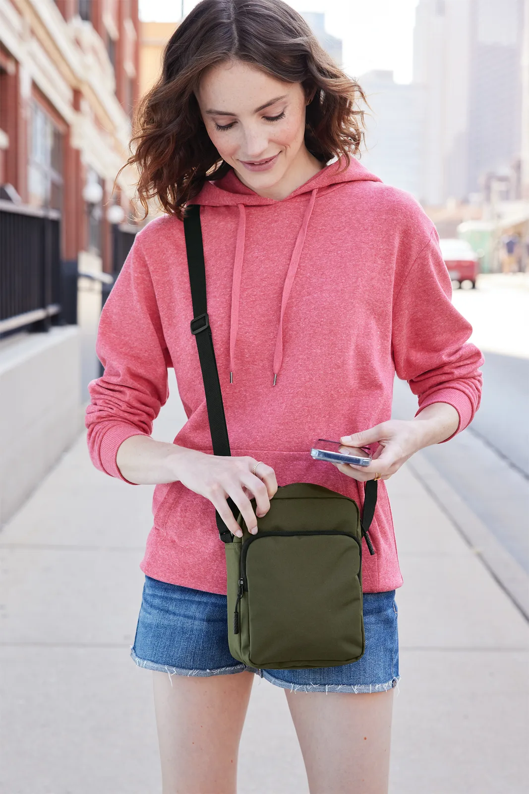 Custom Port Authority Upright Crossbody Bag — lifestyle photo