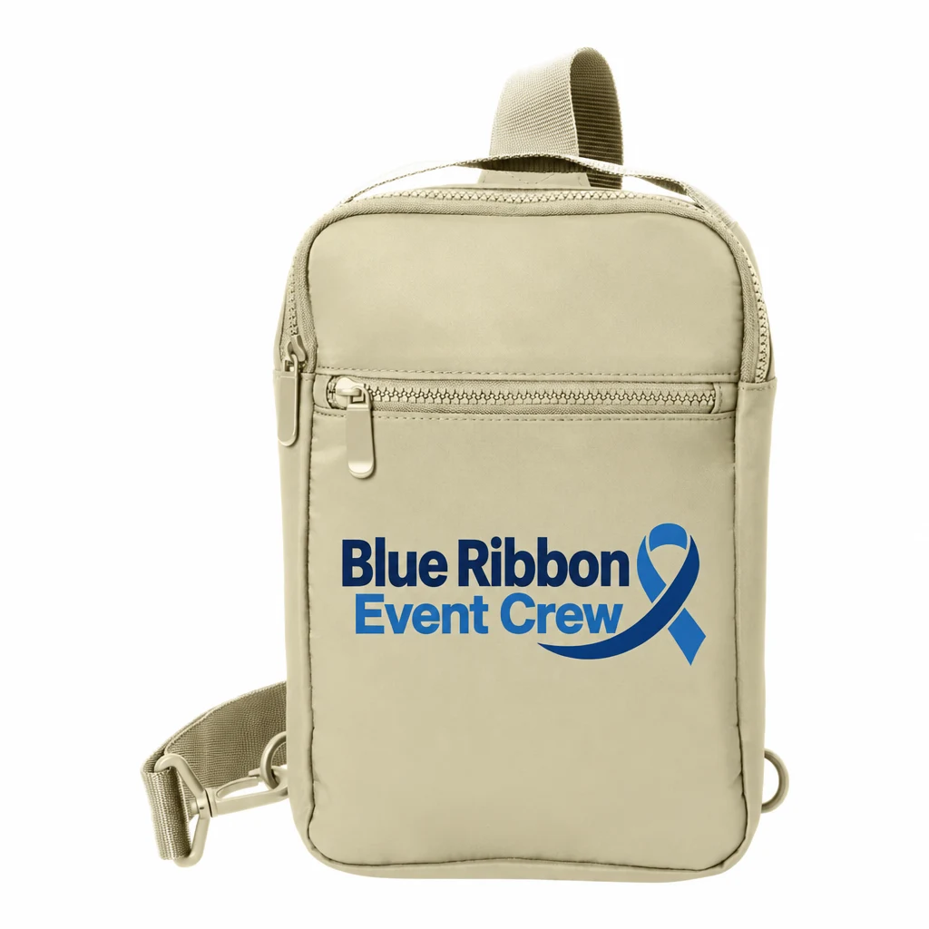 Custom Port Authority Matte Sling (BG935) in Sahara, flat-lay view with a custom printed logo.