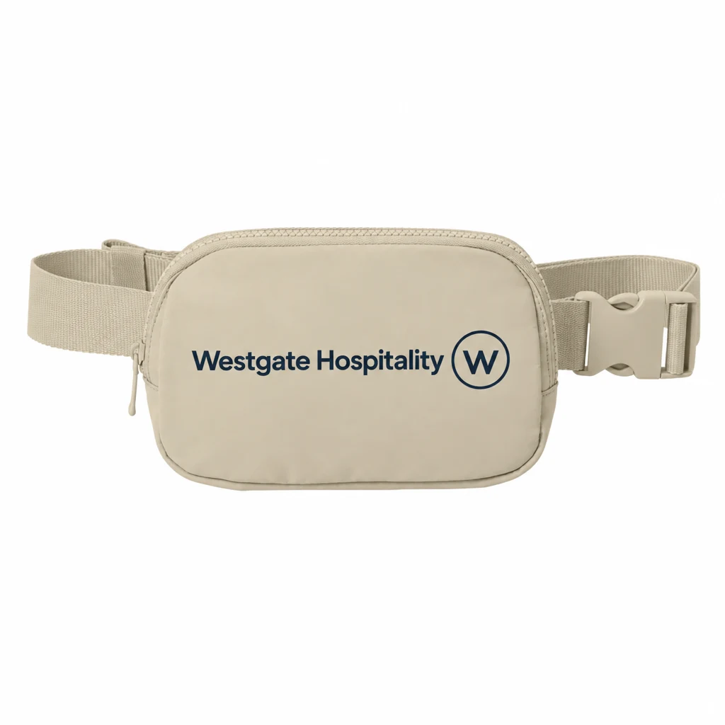 Custom Port Authority Matte Hip Pack (BG936) in Sahara, flat-lay view with a custom printed logo.