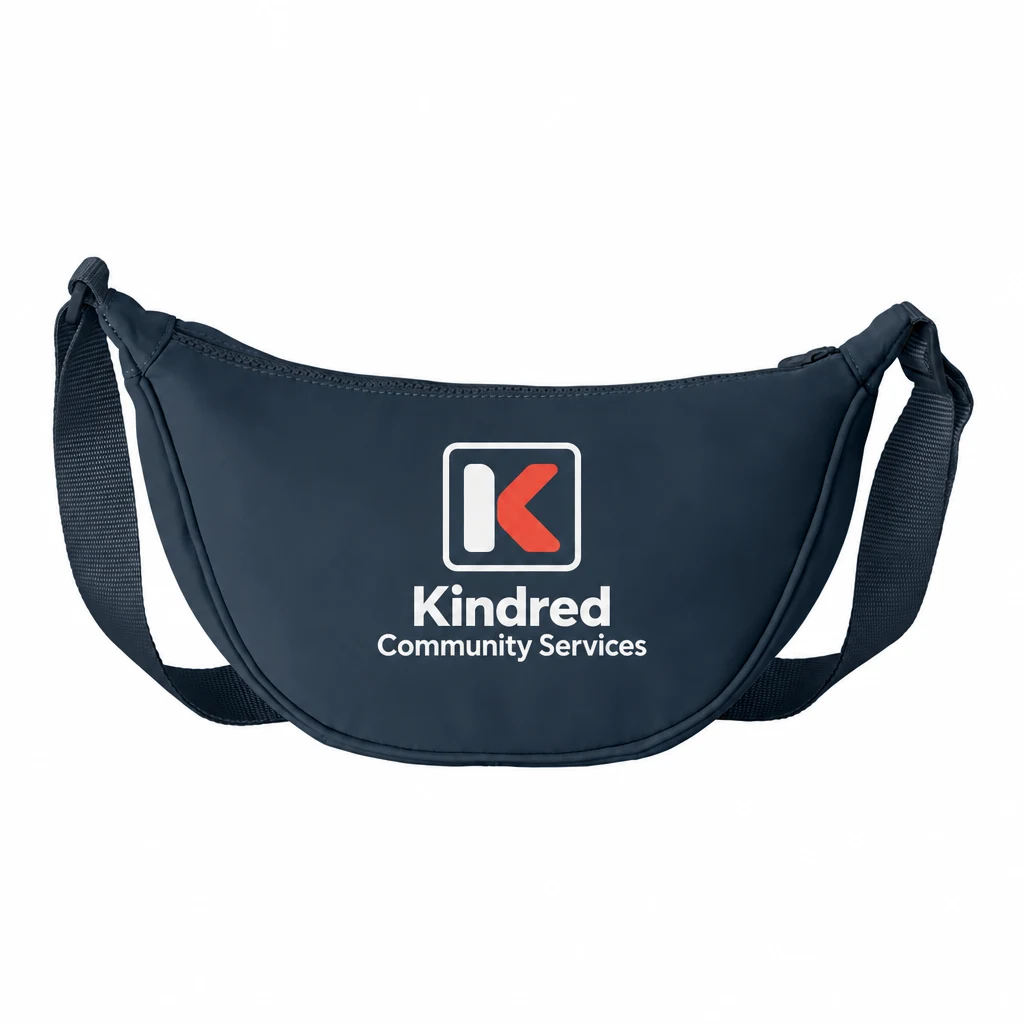 Custom Port Authority Matte Crossbody (BG937) in River Blue Navy, flat-lay view with a custom printed logo.