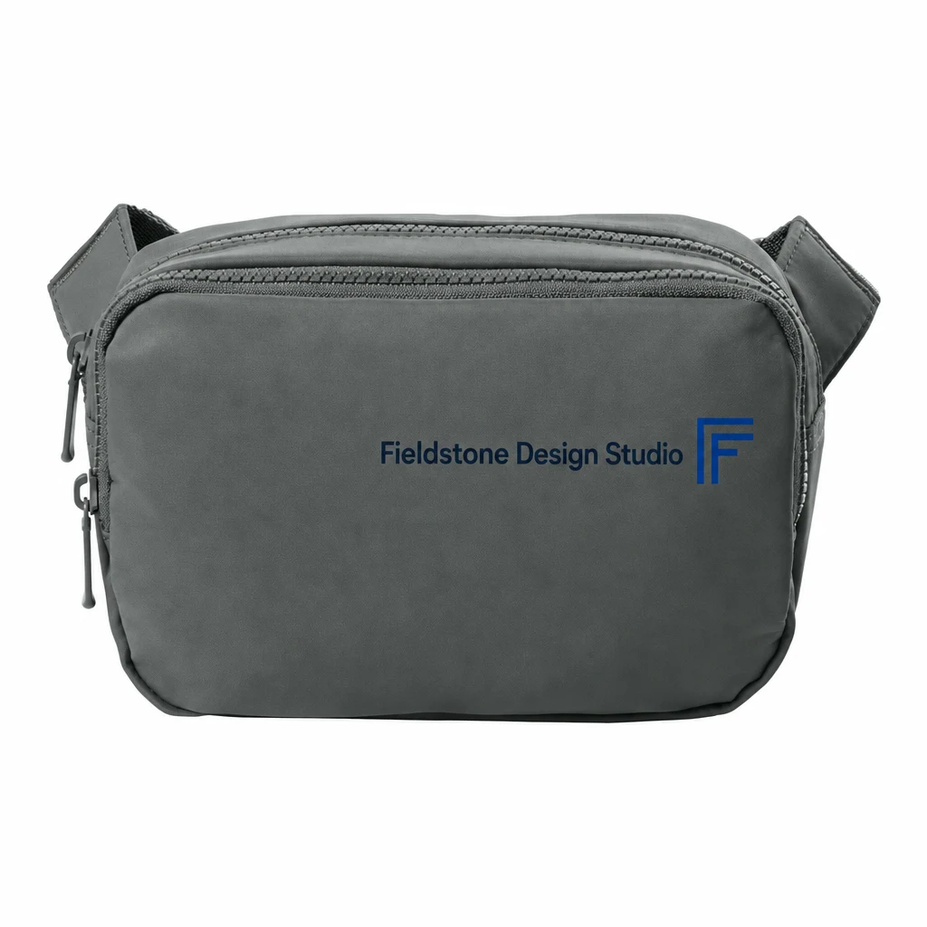 Custom Port Authority Matte Dual-Compartment Crossbody (BG938) in Storm Grey, flat-lay view with a custom printed logo.