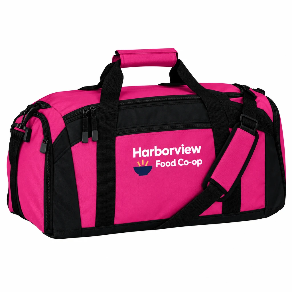 Custom Port Authority - Gym Bag (BG970) in Tropical Pink, flat-lay view with a custom printed logo.