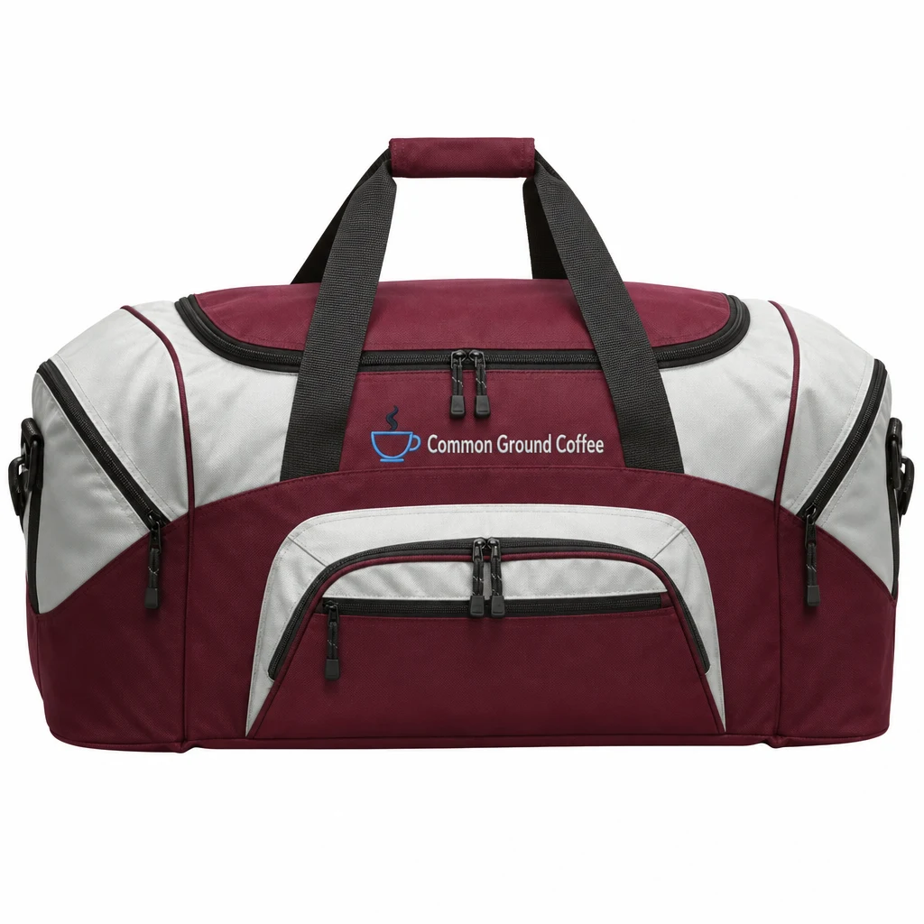 Custom Port Authority - Standard Colorblock Sport Duffel (BG99) in Maroon/ Grey, flat-lay view with a custom embroidered logo.
