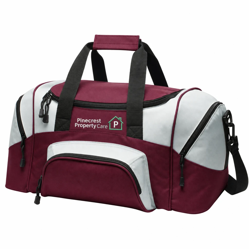 Custom Port Authority - Small Colorblock Sport Duffel (BG990S) in Maroon/ Grey, flat-lay view with a custom embroidered logo.