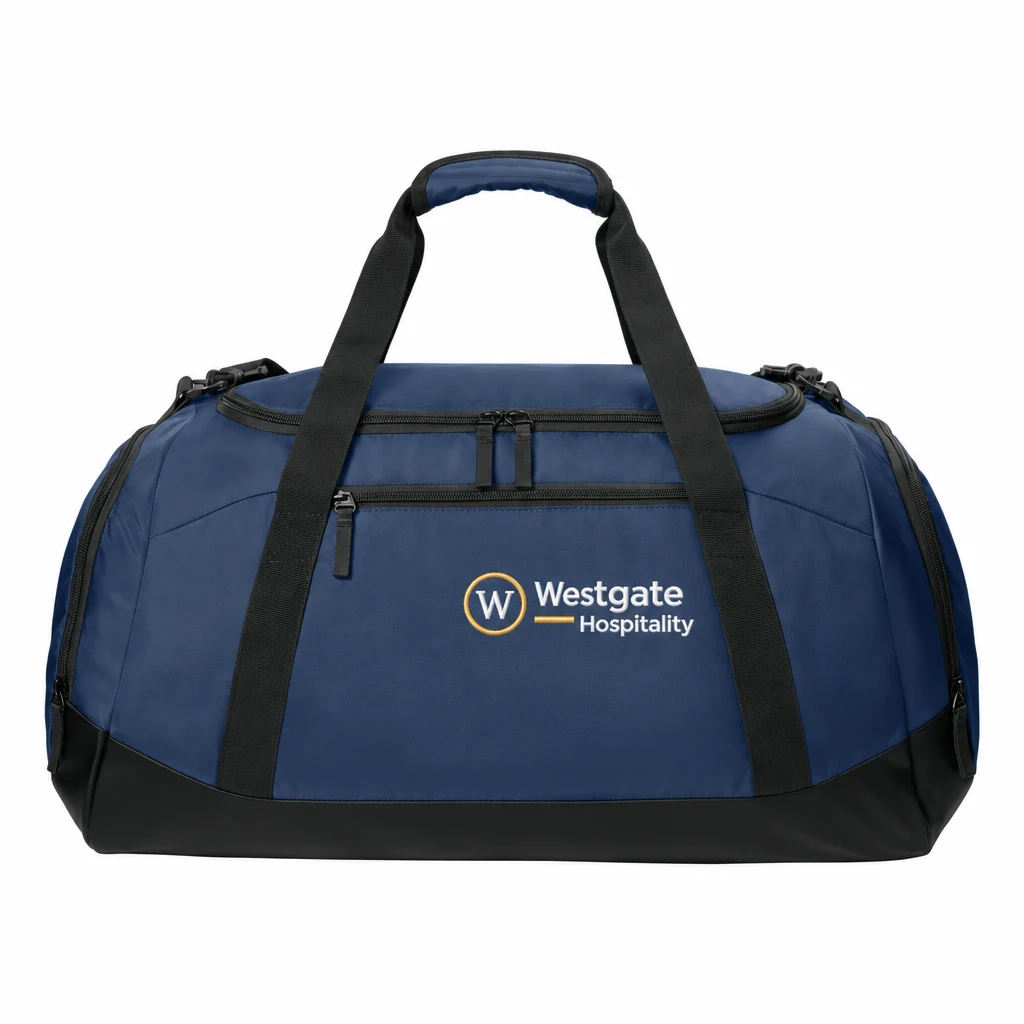 Custom Sport-Tek Large Rec Duffel (BST505) in True Navy, flat-lay view with a custom embroidered logo.