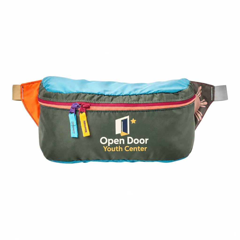 Custom Cotopaxi Bataan Hip Pack (COTOBFP) in Surprise, flat-lay view with a custom printed logo.