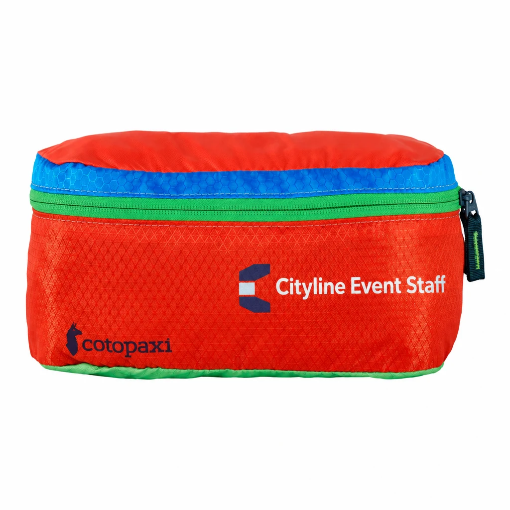 Custom Cotopaxi Del Dia Hip Pack (COTODDFP) in Surprise, flat-lay view with a custom printed logo.