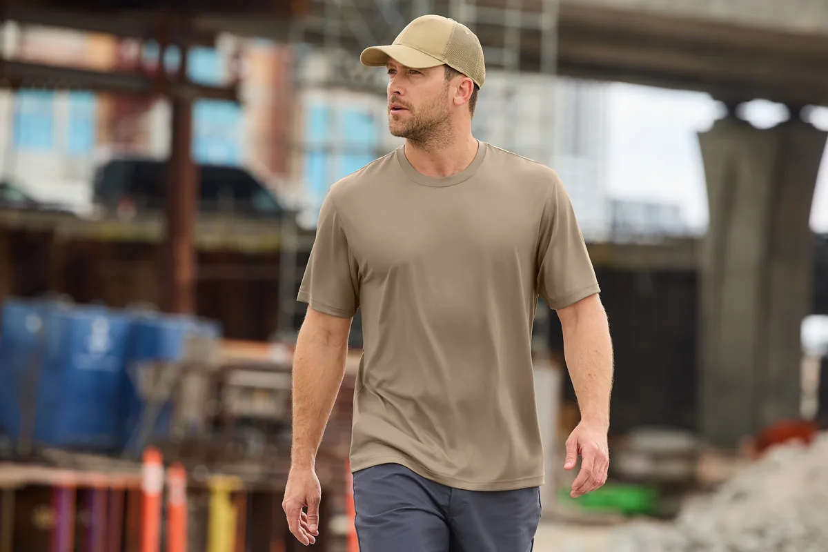 CornerStone Workwear Pro Short Sleeve Tee — Style CS440 in Silver Tan — manufacturer lifestyle photo