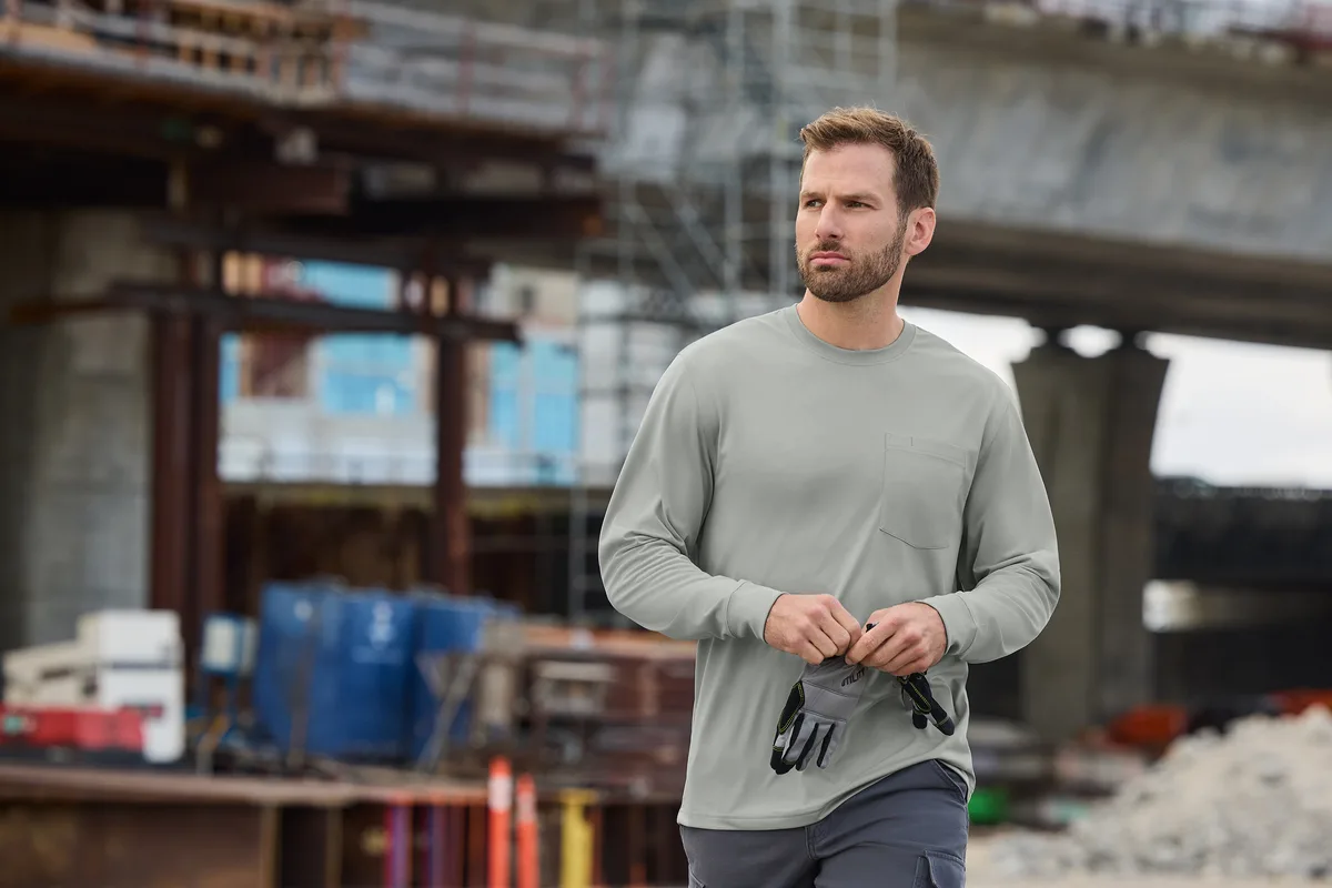 CornerStone Workwear Pro Long Sleeve Pocket Tee — Style CS440LSP in Light Grey — manufacturer lifestyle photo