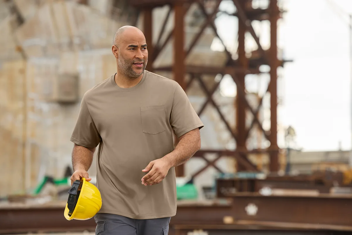 CornerStone Workwear Pro Short Sleeve Pocket Tee — Style CS440P in Silver Tan — manufacturer lifestyle photo