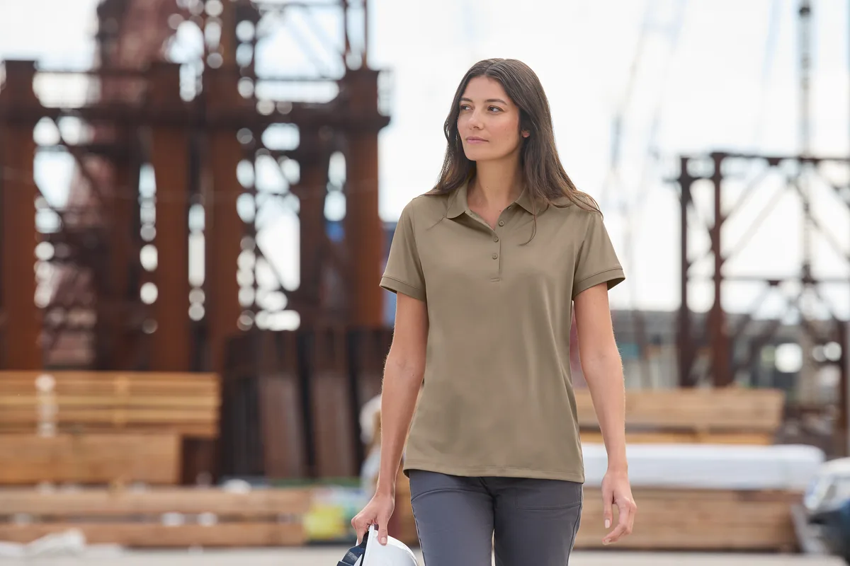 CornerStone Women's Workwear Pro Polo — Style CS451 in Silver Tan — manufacturer lifestyle photo