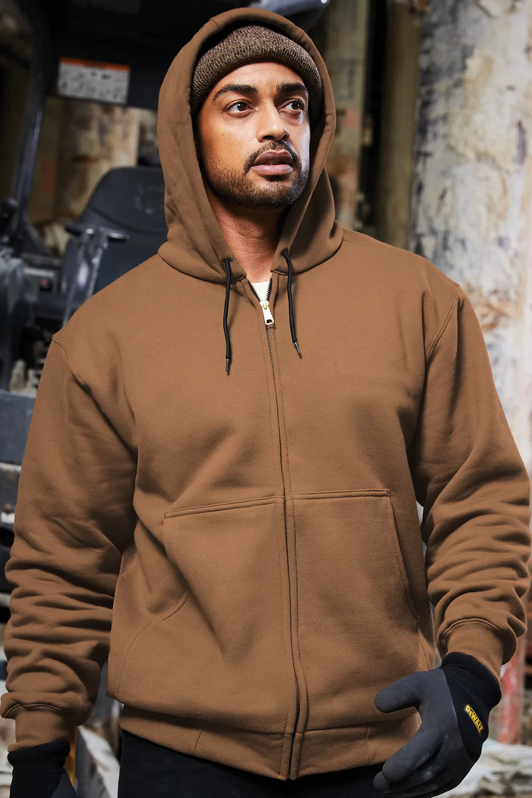 CornerStone - Heavyweight Full-Zip Hooded Sweatshirt with Thermal Lining — Style CS620 in Duck Brown — manufacturer lifestyle photo