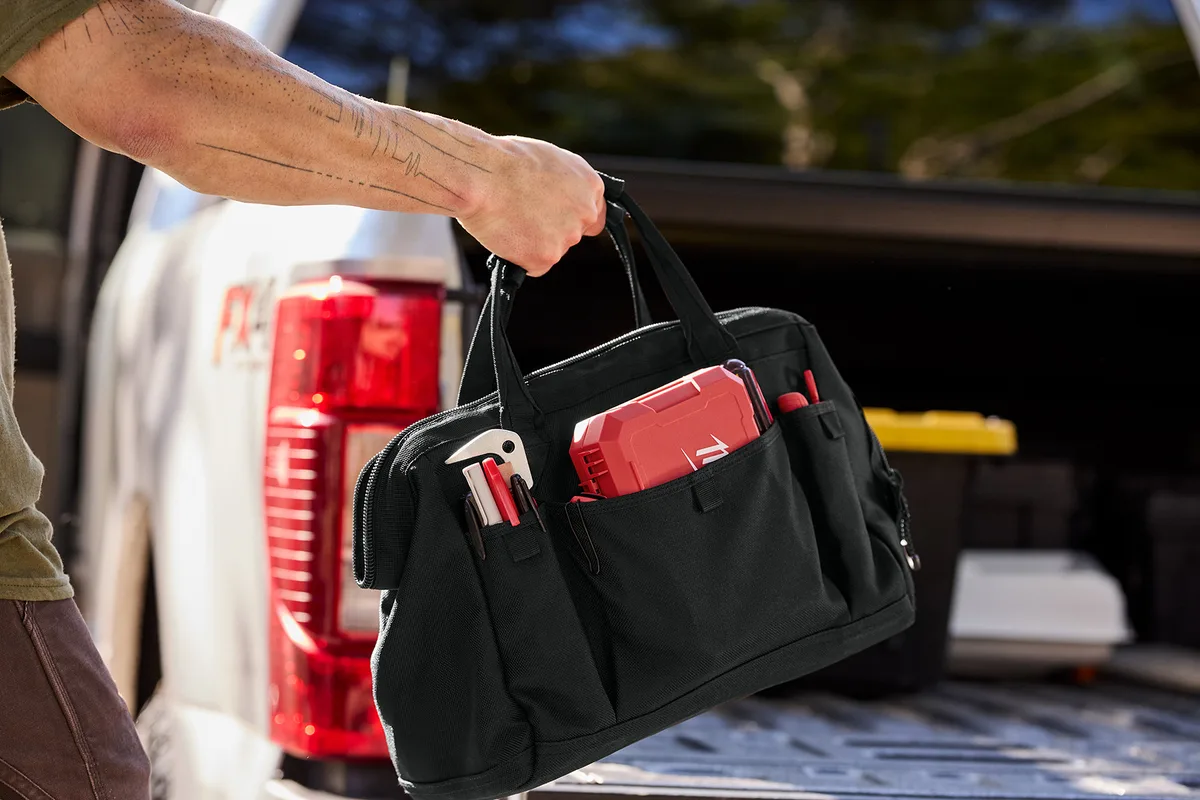 CornerStone Utility Pro Tool Tote — lifestyle photo, shown in Black