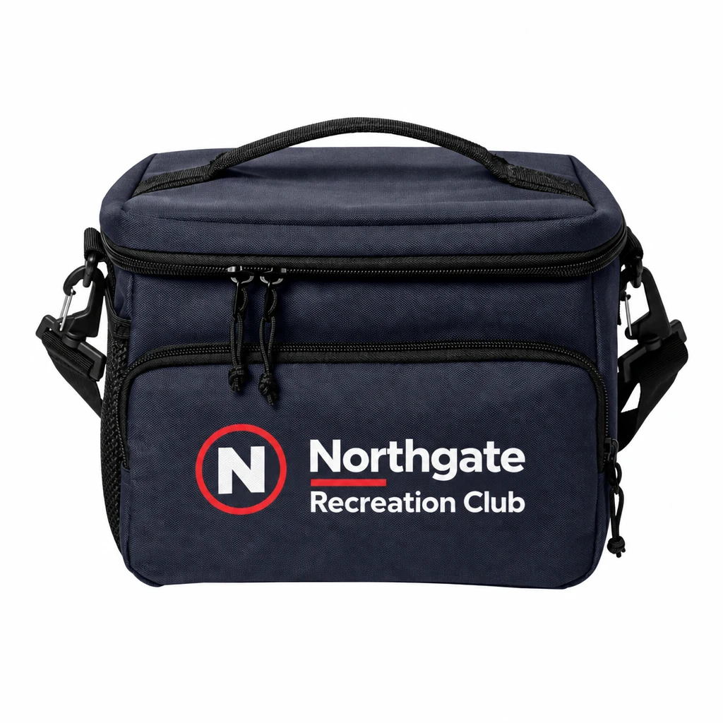 Custom CornerStone 18-Can Cooler (CSB505) in River Blue Navy, flat-lay view with a custom printed logo.