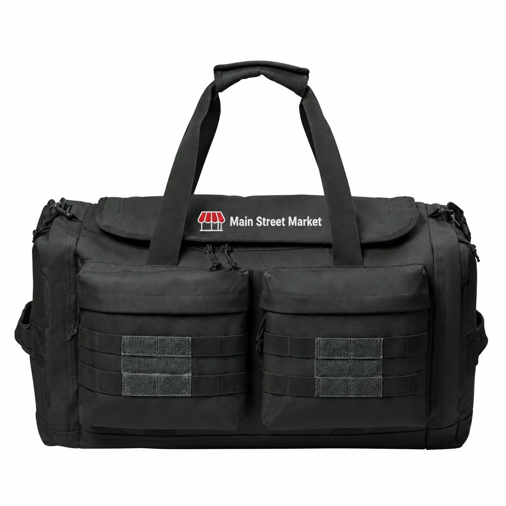 Custom CornerStone Tactical Duffel (CSB815) in Charcoal, flat-lay view with a custom embroidered logo.
