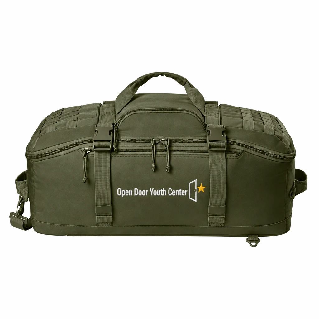 Custom CornerStone Tactical Barrel Duffel (CSB817) in Olive Drab Green, flat-lay view with a custom embroidered logo.