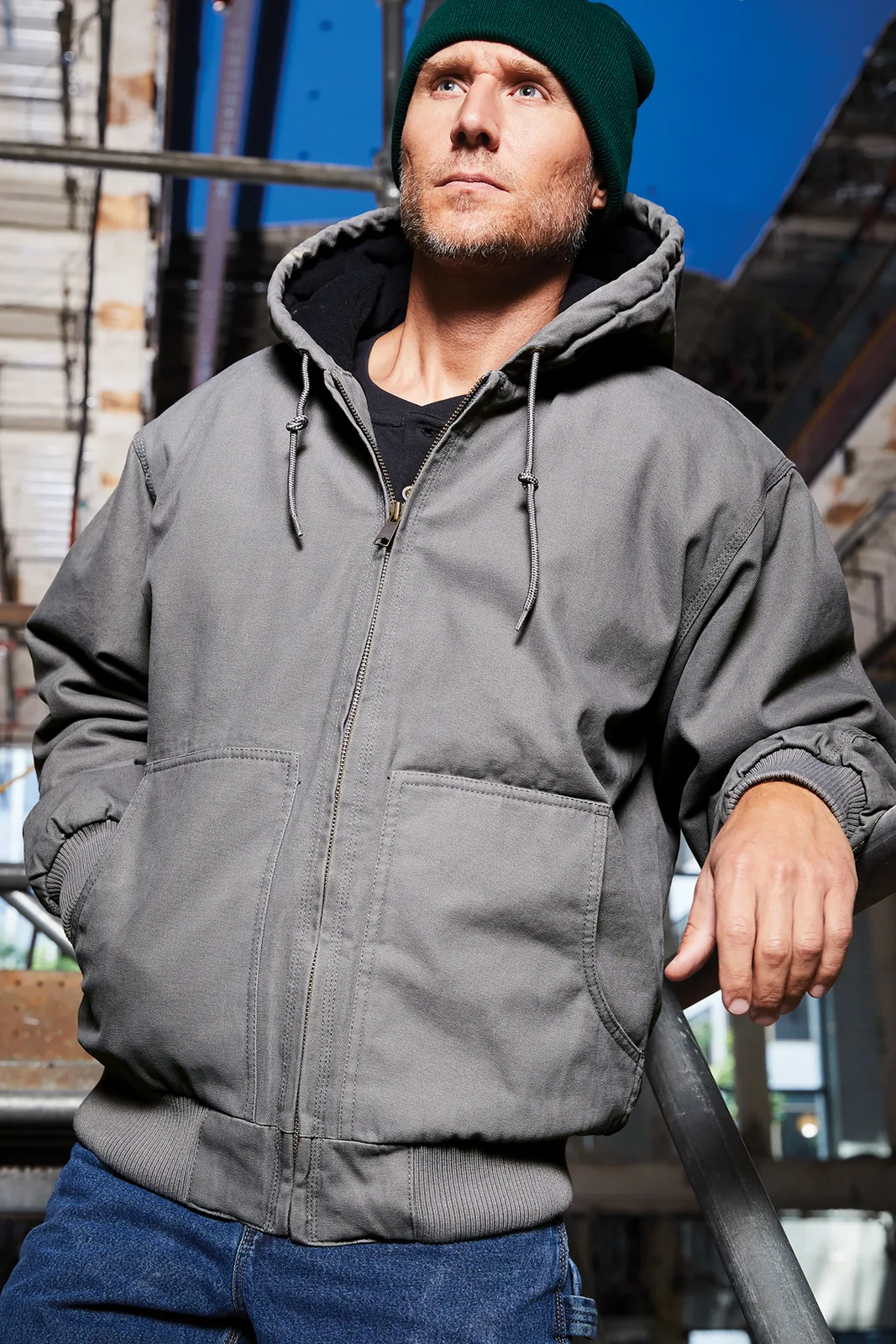 CornerStone Washed Duck Cloth Insulated Hooded Work Jacket — Style CSJ41 in Metal Grey — manufacturer lifestyle photo