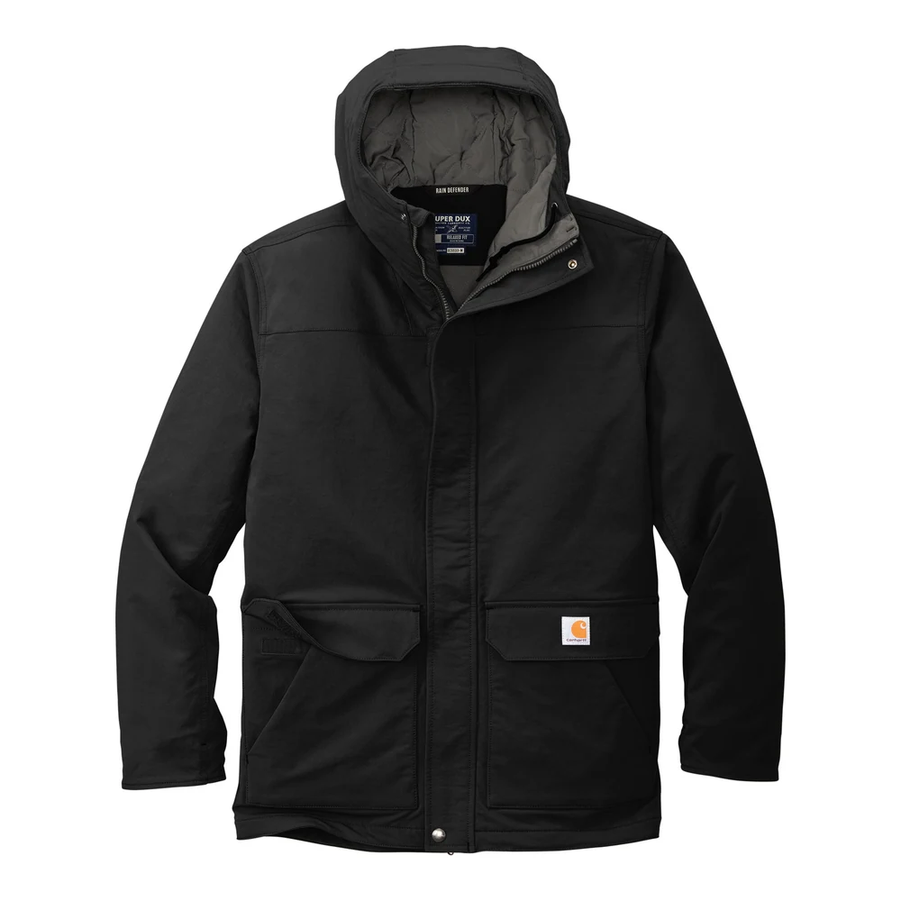 Black Carhartt Super Dux Insulated Hooded Coat style CT105533, front view