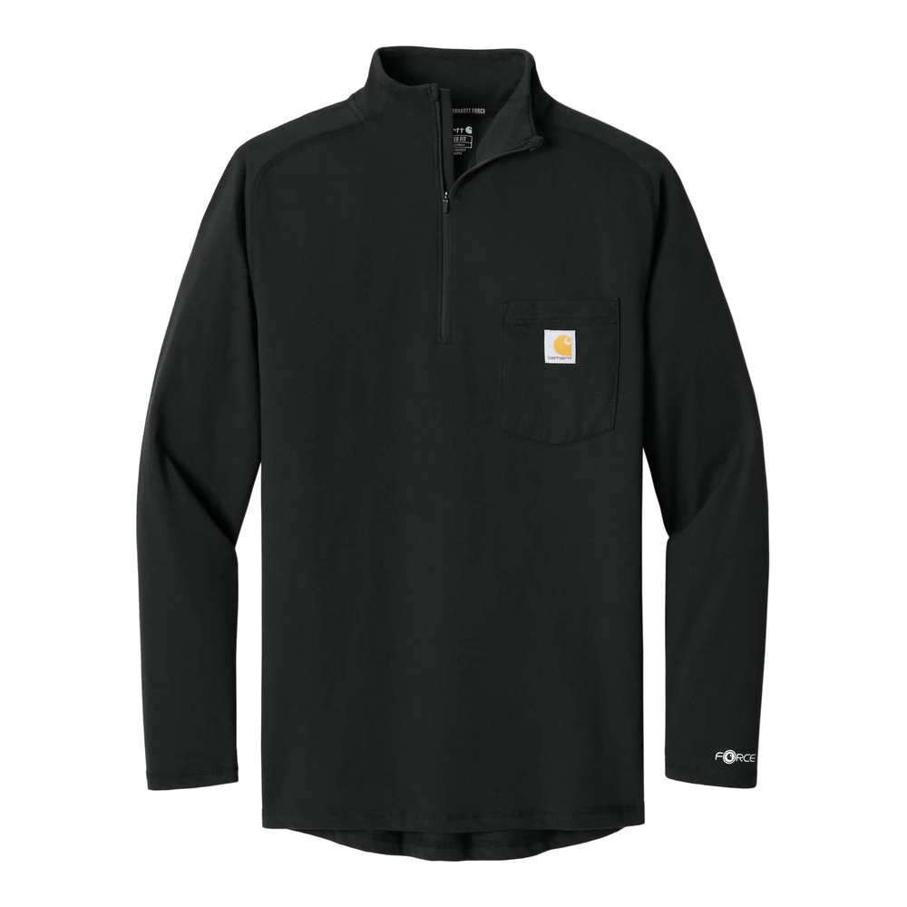 Black Carhartt Force 1/4-Zip Long Sleeve T-Shirt style CT106660, front view