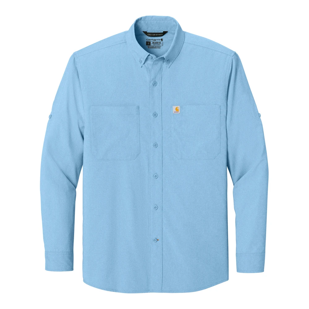 Fresh Water Blue Carhartt Force Sun Defender Long Sleeve Shirt style CT107106, front view