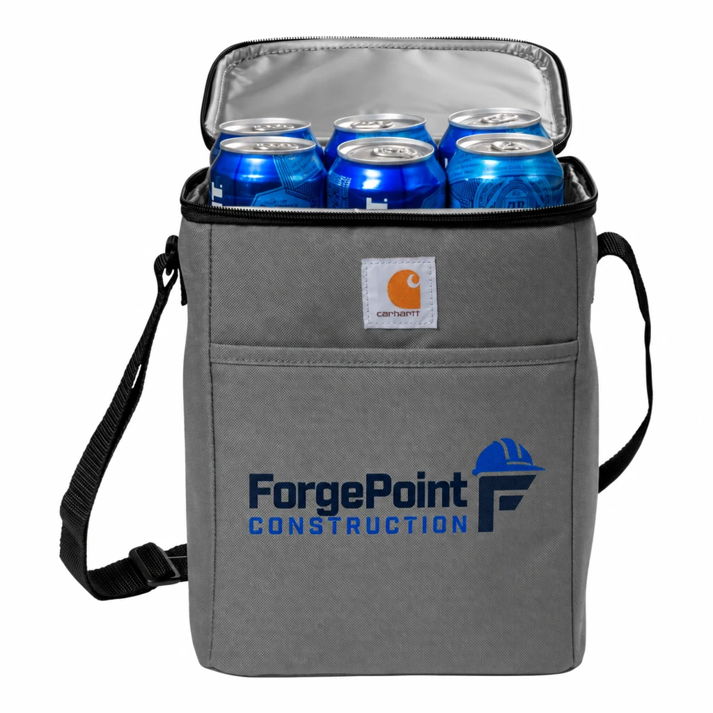 Custom Carhartt Vertical 12-Can Cooler (CT89032822) in Grey, flat-lay view with a custom printed logo.