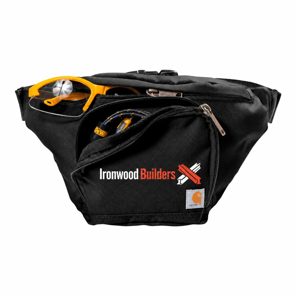 Custom Carhartt Waist Pack (CT89098101) in Black, flat-lay view with a custom printed logo.