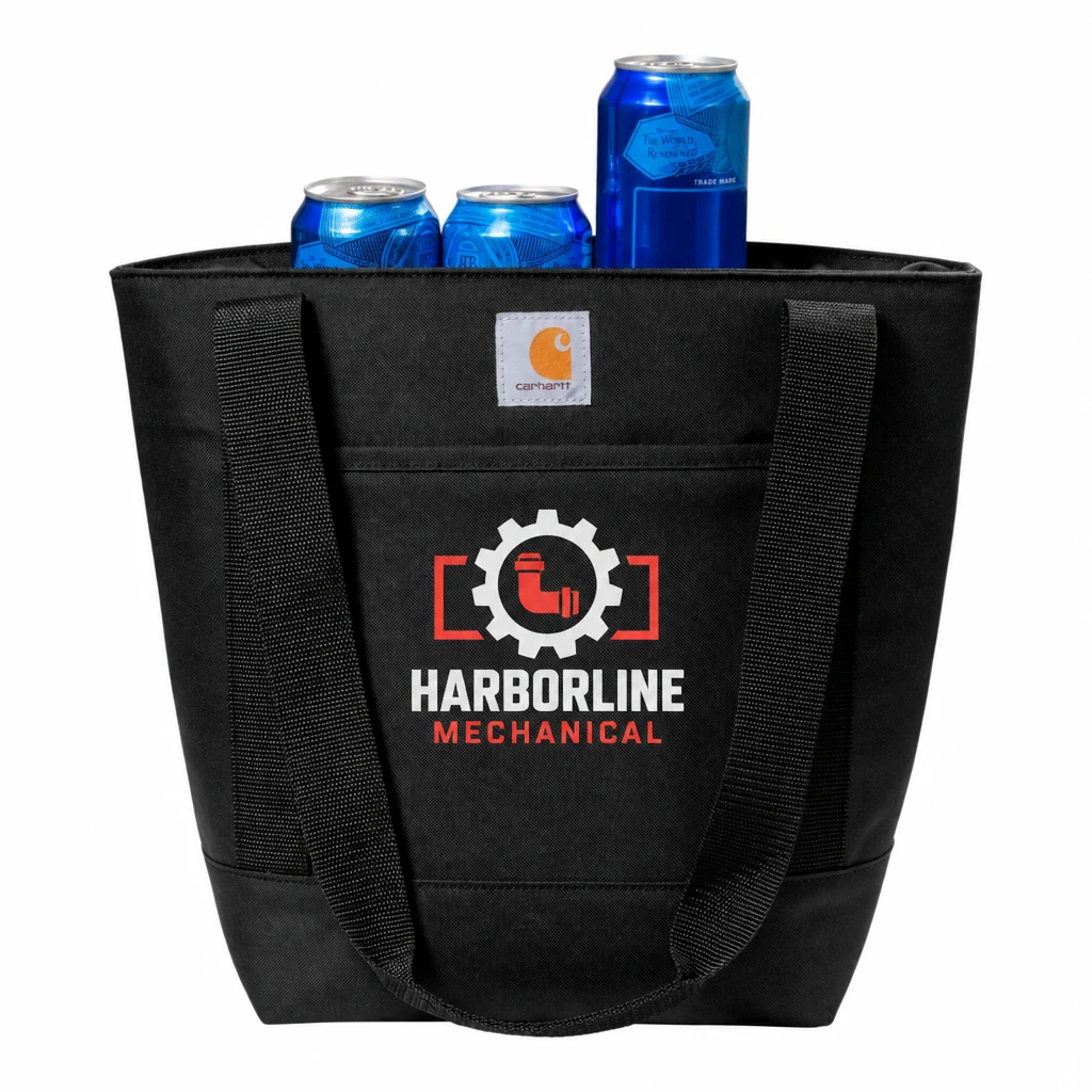 Custom Carhartt Tote 18-Can Cooler (CT89101701) in Black, flat-lay view with a custom printed logo.