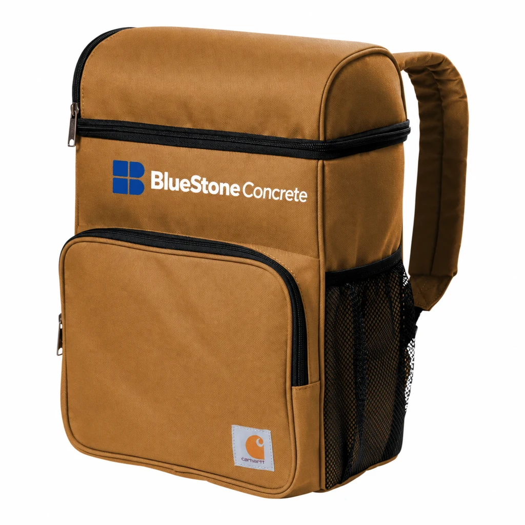 Custom Carhartt Backpack 20-Can Cooler (CT89132109) in Carhartt Brown, flat-lay view with a custom printed logo.