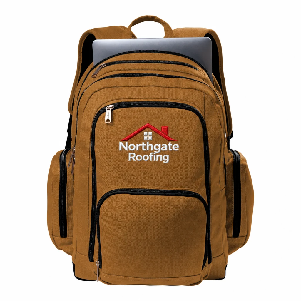 Custom Carhartt Foundry Series Pro Backpack (CT89176508) in Carhartt Brown, flat-lay view with a custom embroidered logo.