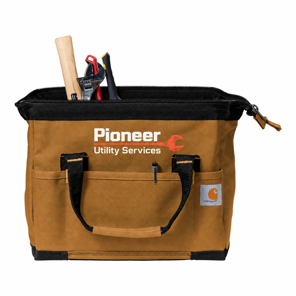 Custom Carhartt Foundry Series 14" Tool Bag (CT89240105) in Carhartt Brown, flat-lay view with a custom printed logo.