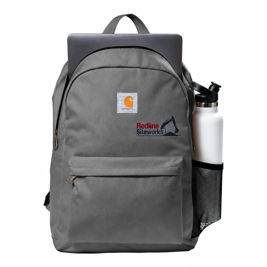 Custom Carhartt Canvas Backpack (CT89241804) in Grey, flat-lay view with a custom embroidered logo.