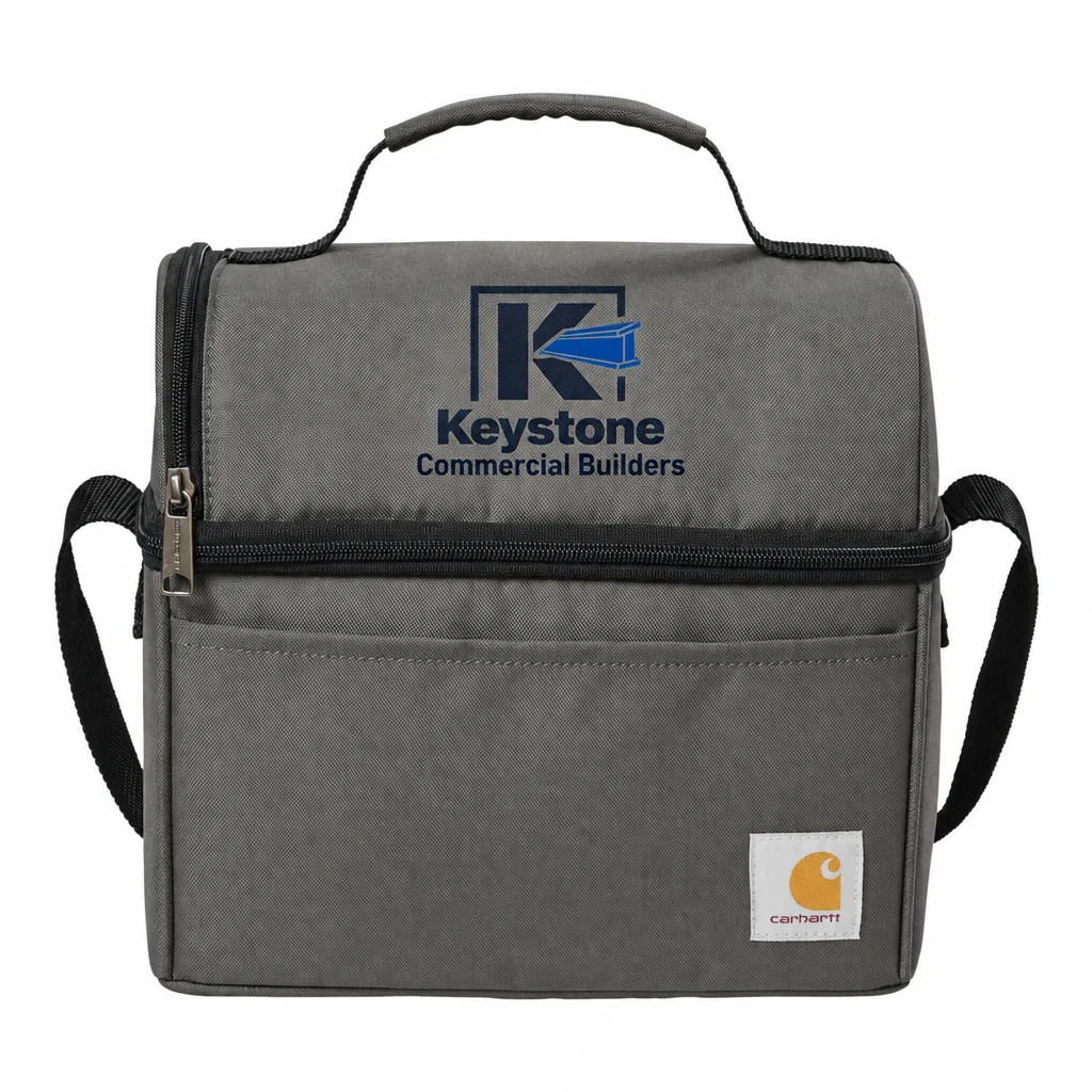 Custom Carhartt Lunch 6-Can Cooler (CT89251601) in Grey, flat-lay view with a custom printed logo.
