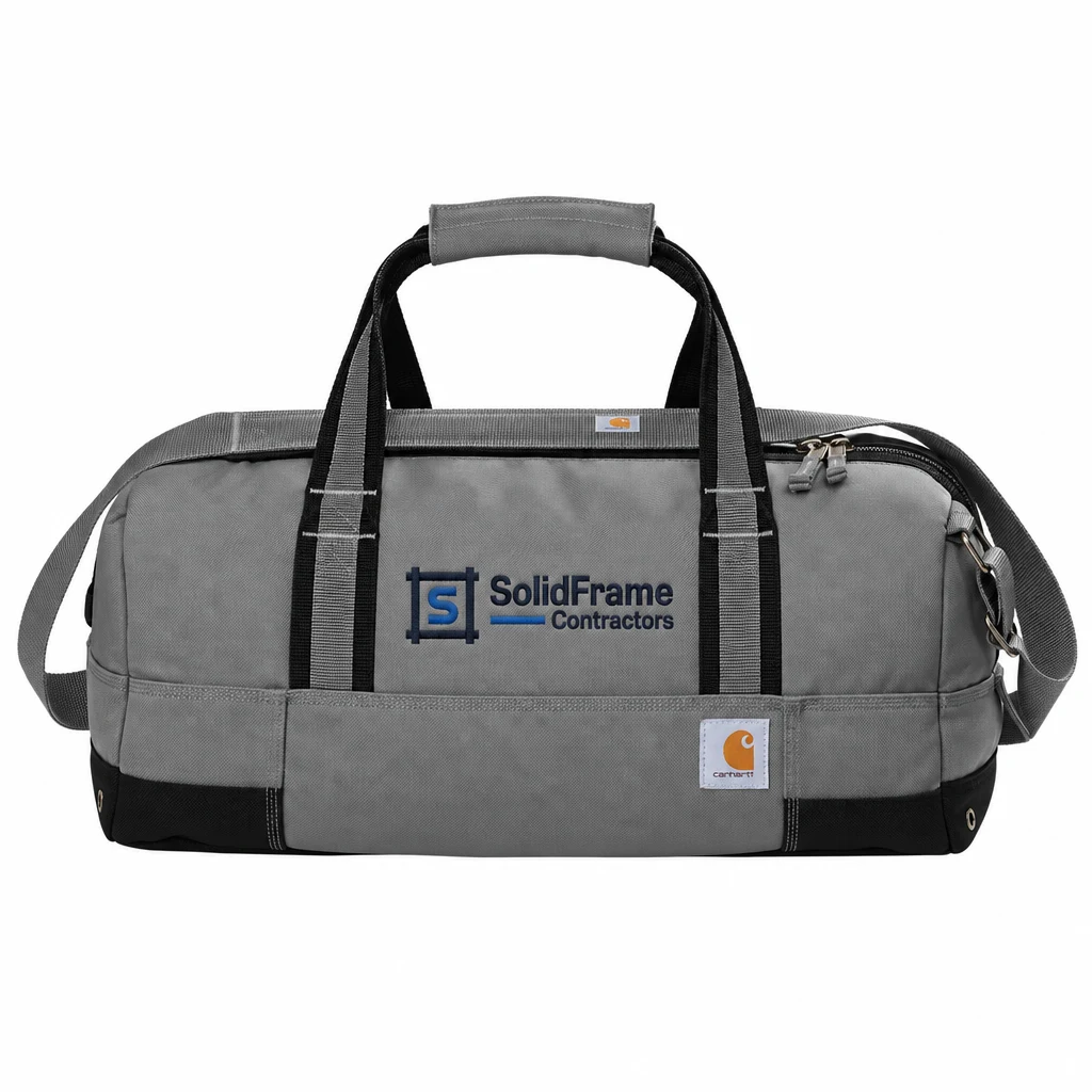 Custom Carhartt Foundry Series 20" Duffel (CT89260209) in Grey, flat-lay view with a custom embroidered logo.