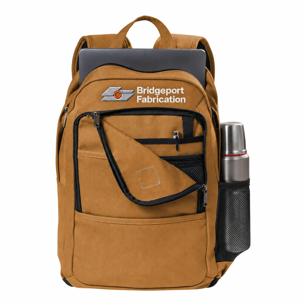 Custom Carhartt Foundry Series Backpack (CT89350303) in Carhartt Brown, flat-lay view with a custom embroidered logo.