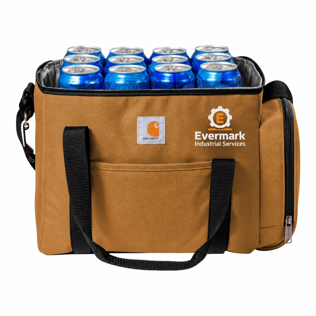 Custom Carhartt Duffel 36-Can Cooler (CT89520701) in Carhartt Brown, flat-lay view with a custom printed logo.