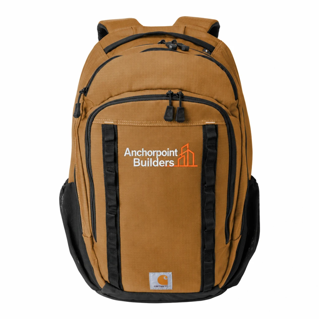 Custom Carhartt 25L Ripstop Backpack (CTB0000481) in Brown, flat-lay view with a custom embroidered logo.