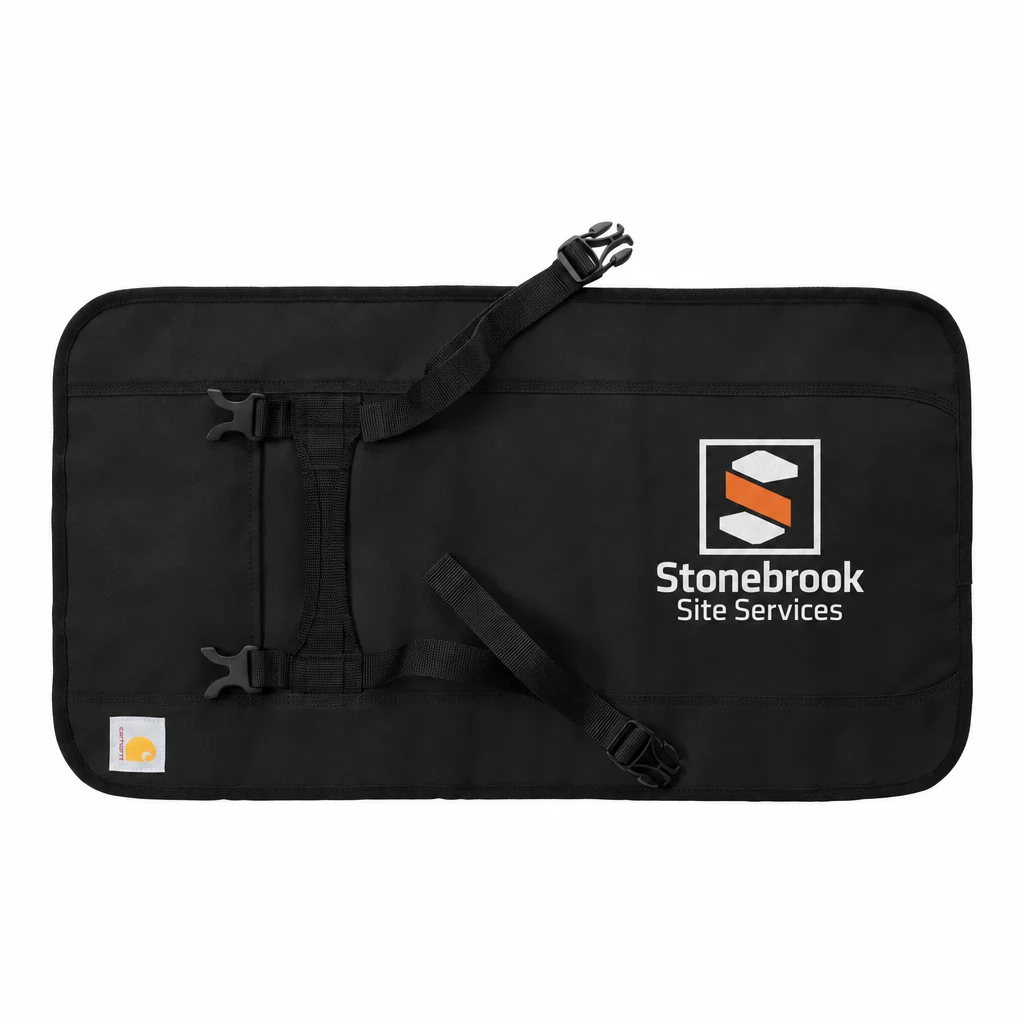 Custom Carhartt 18-Pocket Utility Roll (CTB0000484) in Black, flat-lay view with a custom printed logo.