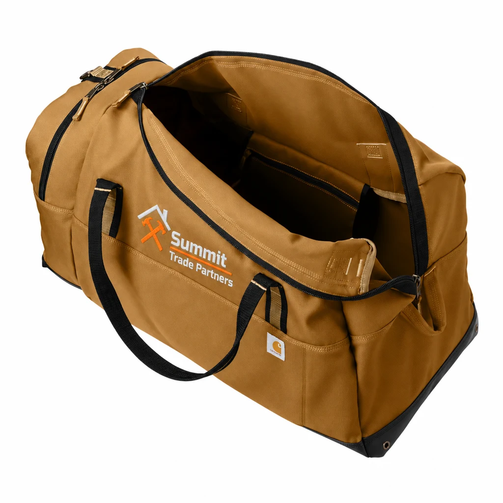 Custom Carhartt 120L Foundry Series Duffel (CTB0000487) in Carhartt Brown, flat-lay view with a custom embroidered logo.