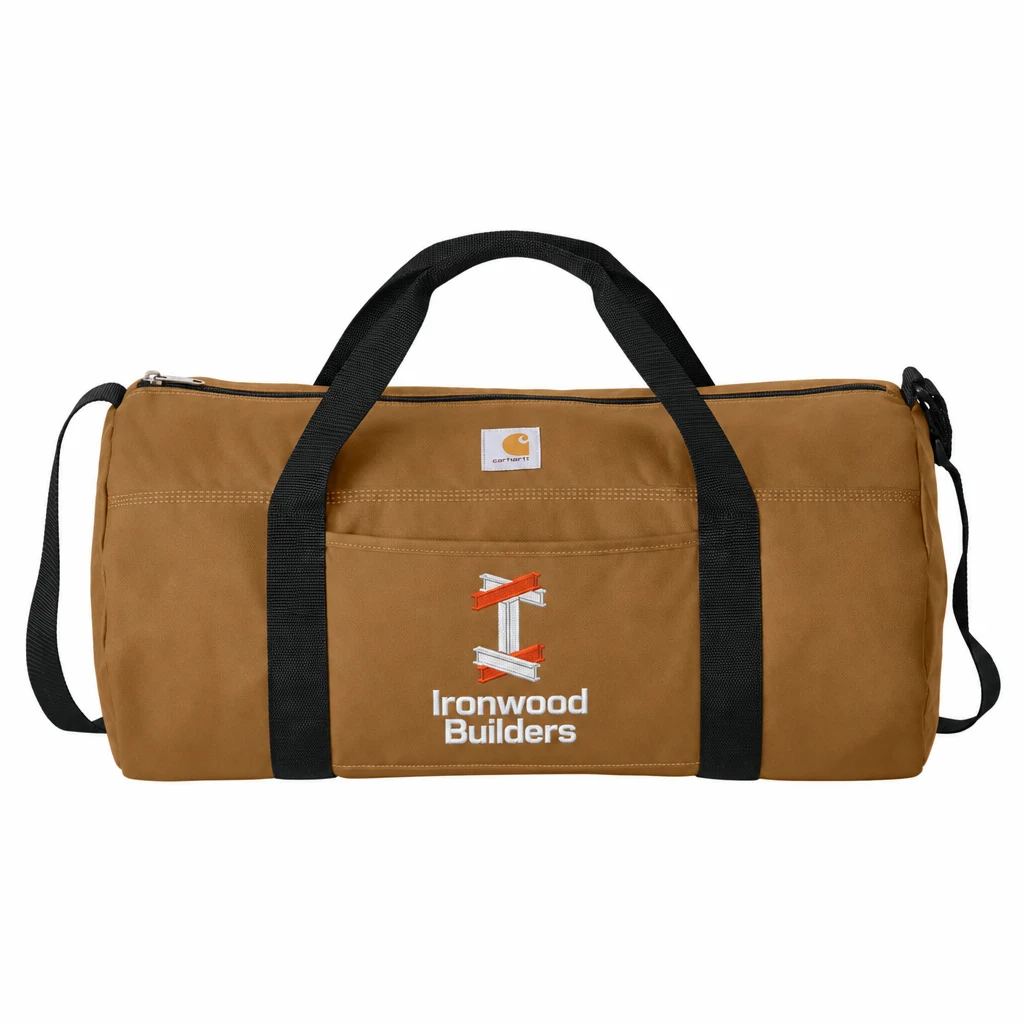 Custom Carhartt Canvas Packable Duffel with Pouch (CTB0000564) in Carhartt Brown, flat-lay view with a custom embroidered logo.
