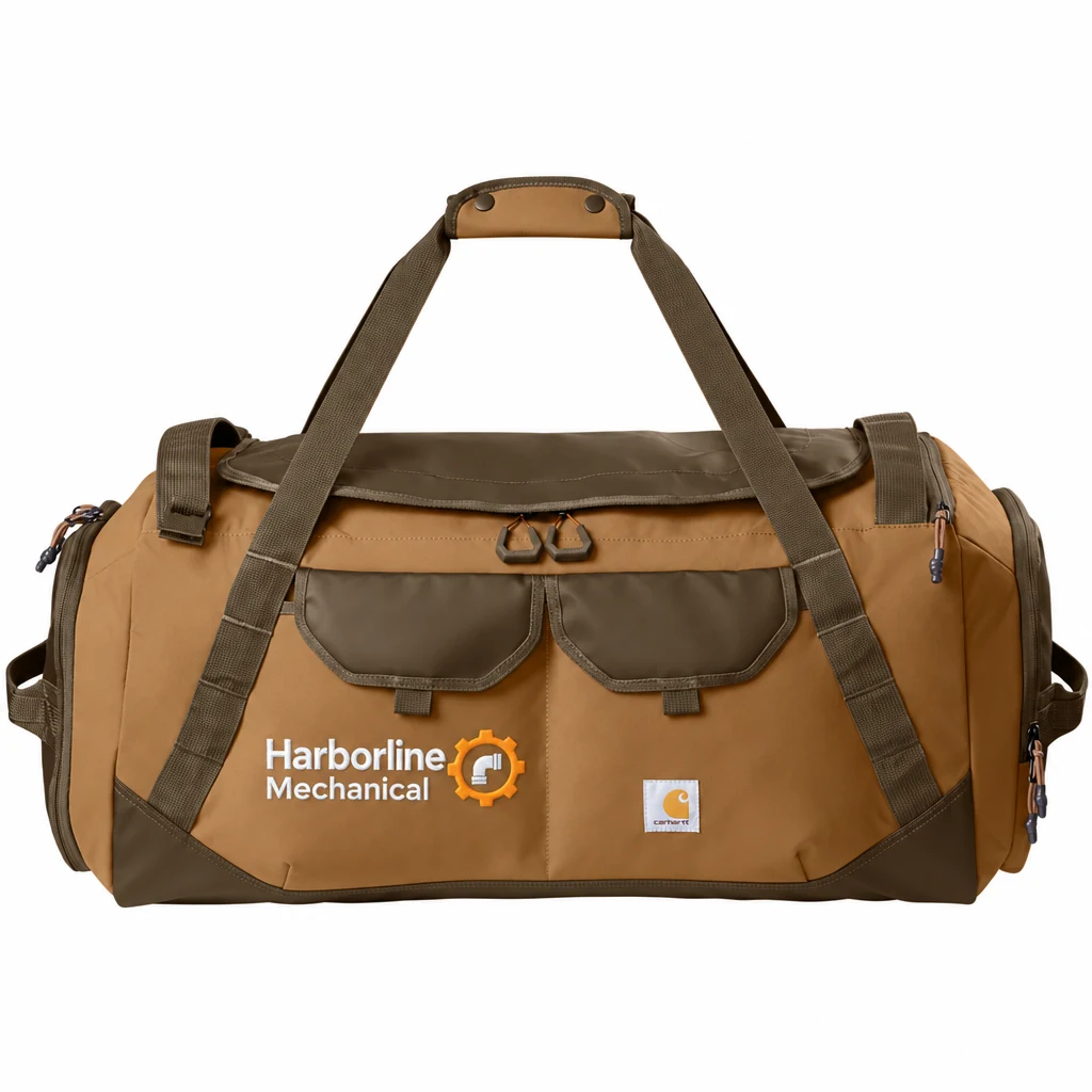 Custom Carhartt 75L Heavy Haul Duffel (CTB0000605) in Carhartt Brown, flat-lay view with a custom embroidered logo.