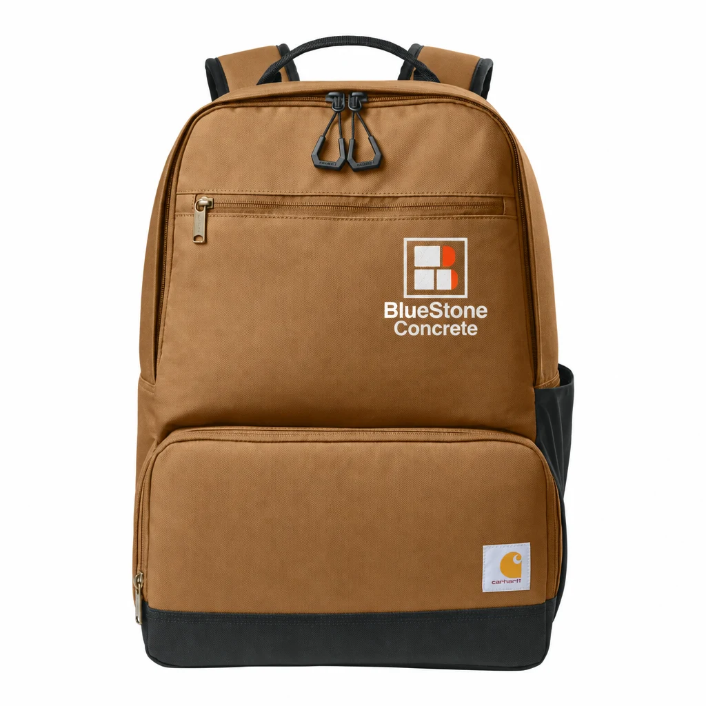 Custom Carhartt Two-Compartment Cooler Backpack (CTB0000607) in Carhartt Brown, flat-lay view with a custom printed logo.